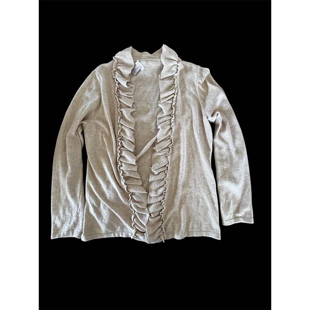 Chico’s Heather Beige Cotton Cashmere Open Ruffle Cardigan Cozy Coquette Sz M